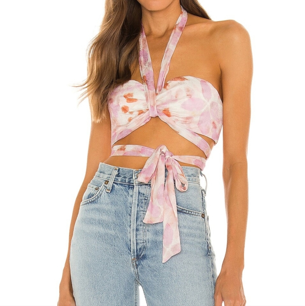 House of Harlow 1960 Pink and Cream Tie-Front Halter Crop Top
